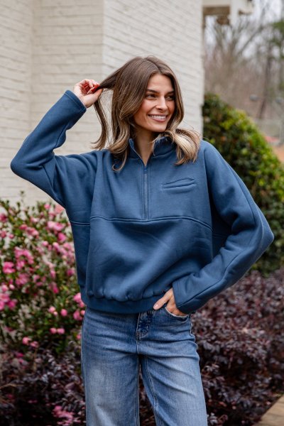 FINAL SALE - Cloudbound Blue Quarter Zip Oversized Pullover