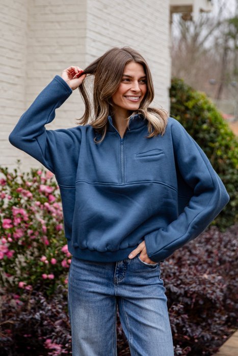 FINAL SALE - Cloudbound Blue Quarter Zip Oversized Pullover