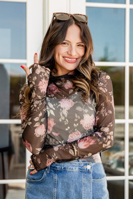 FINAL SALE - Petal Path Floral Black Mesh Top - DU Deal