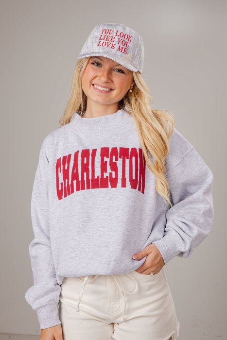 Heather Grey Charleston Block Letter Mockneck Sweatshirt