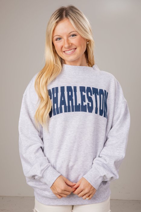 Heather Grey Charleston Navy Script Mockneck Sweatshirt